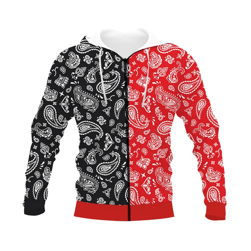 New Fashion Anime Bandana Red Paisley 3D Print Zipper Bandana Hoodie