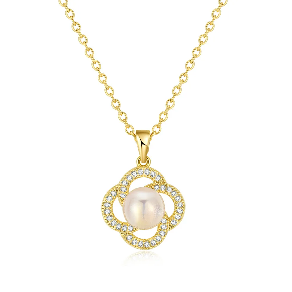 Hollow Flower Pendant Necklaces Gold Plated Pearl Clavicle Chain with Stainless Steel Chain for women