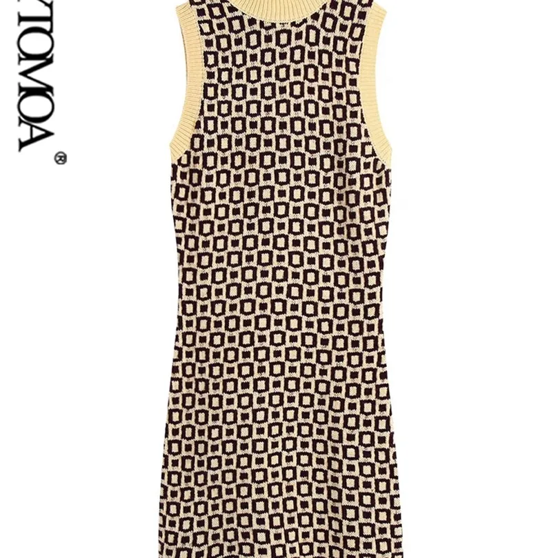 Kvinnor chic mode geometriskt tryck jacquard stickad miniklänning vintage hög hals ärmlösa kvinnliga klänningar vestidos mujer 220526
