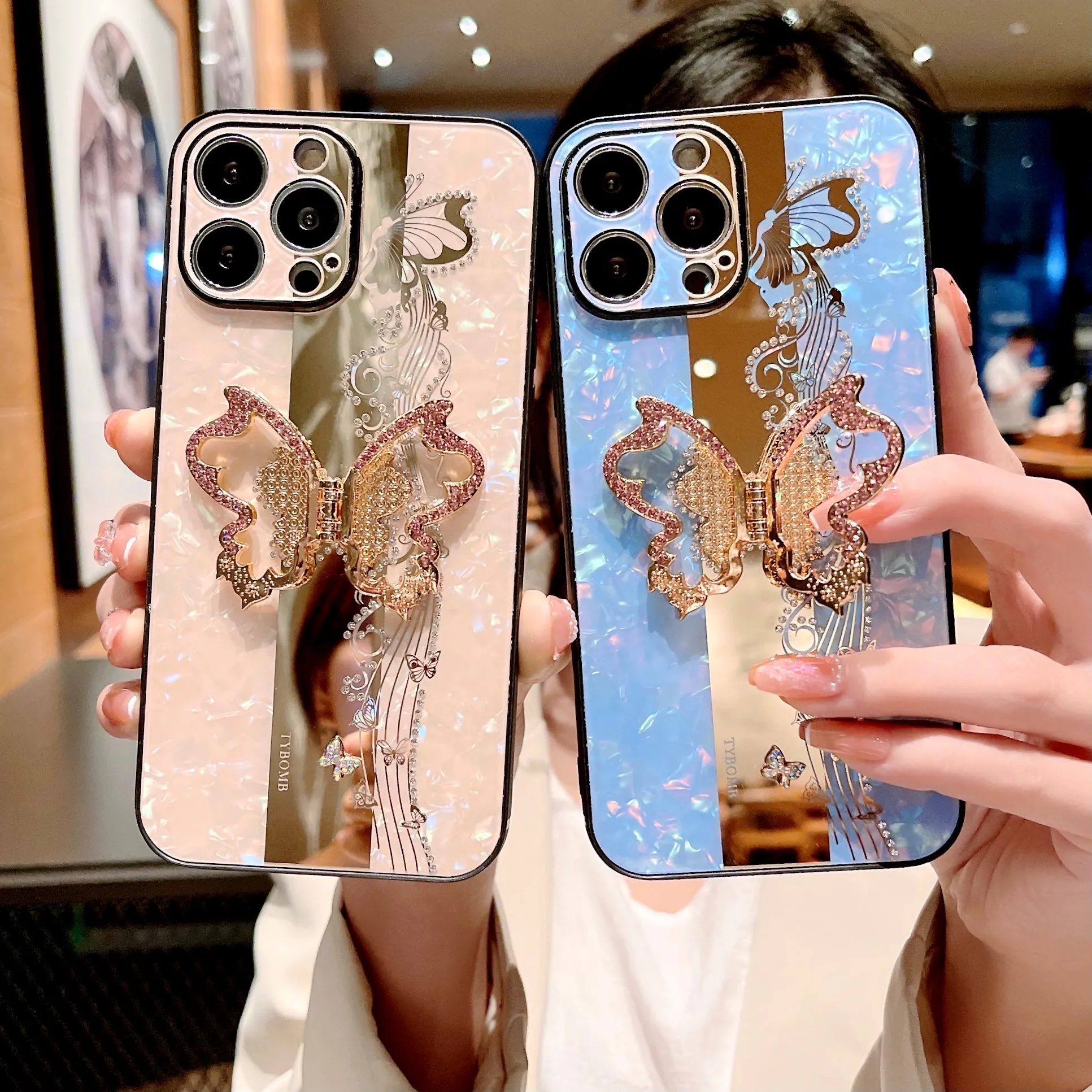 Luxury telefoonhouder Cases Designer 3D ingelegde Butterfly mobiele telefoonhoes voor iPhone 13 11 12 Pro Max 7 8Plus X Protector Holder Cover