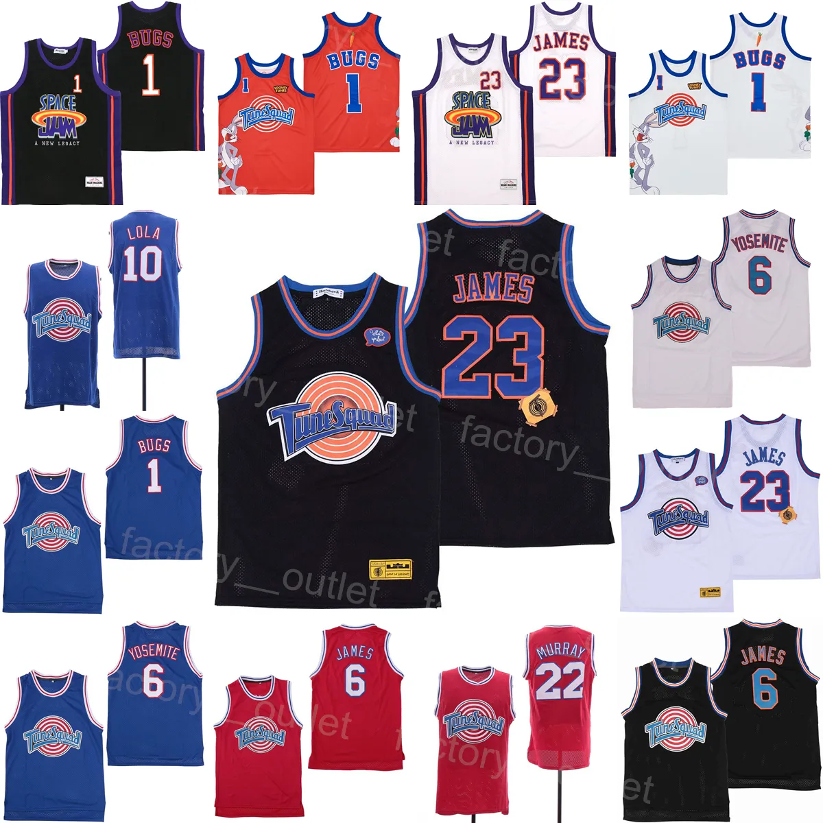 Movie Space Jam Looney Tunes Tune Squad Basketball Lola Bunny Jersey 10 Bugs Bunny 1 Lebron James 23 6 Team Color Black Blue White Red All Stitched University Sport