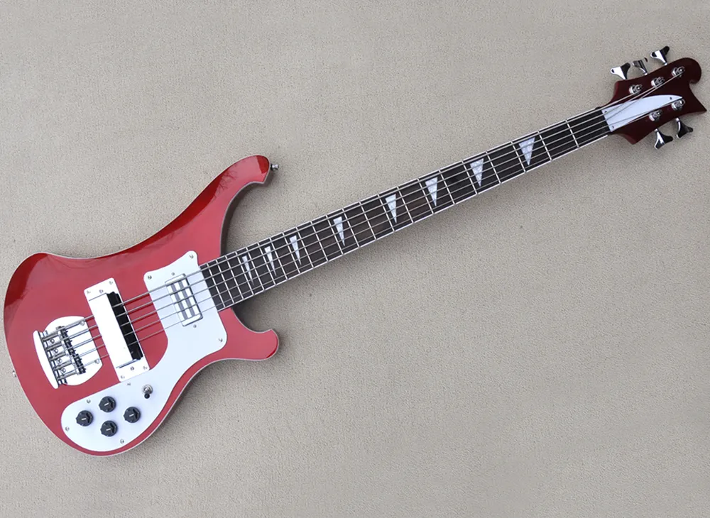 Guitare basse électrique rouge à 5 cordes avec Pickguard blanc, touche en palissandre, fournissant un Service personnalisé
