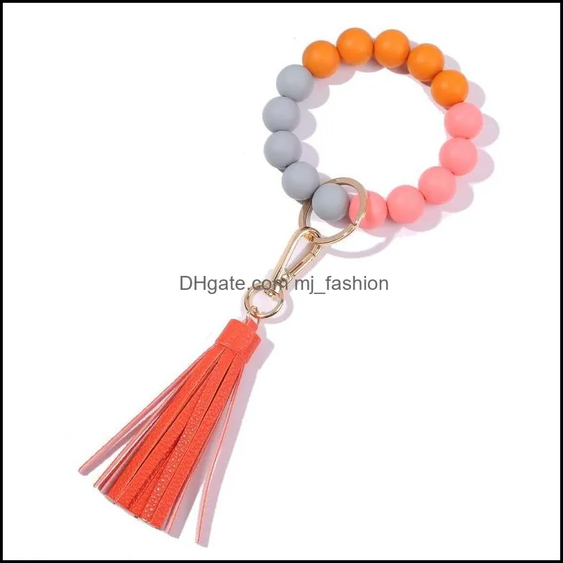 soild color silicone elastic beaded wristlet key rings bracelet personalized tassel bangle jewelry wrist strap q265fz