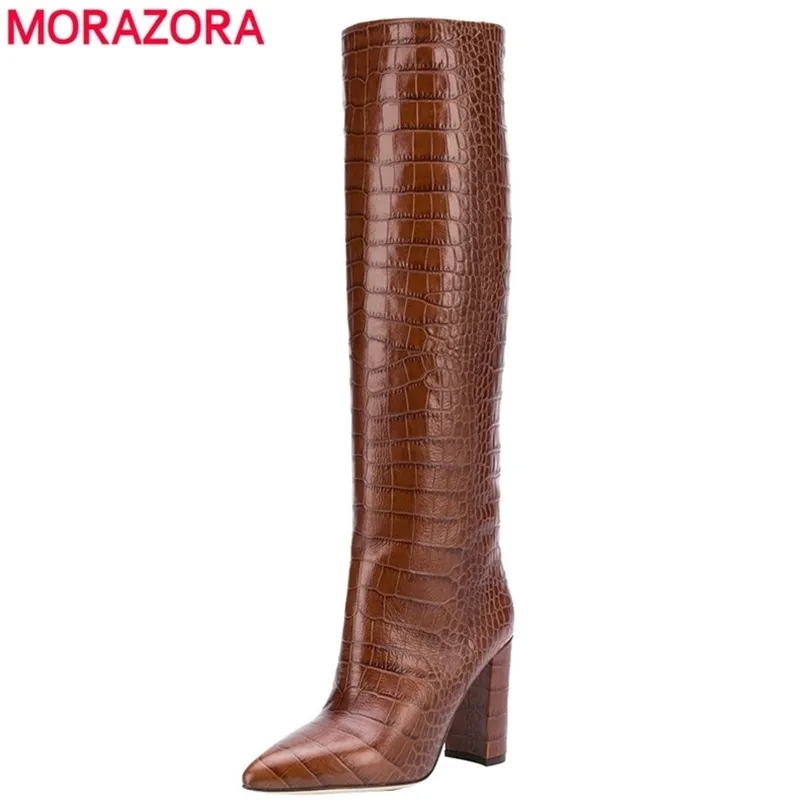 Morazora Plus Boyut 3443 Yeni Marka Kadın Botlar Kalın Yüksek Topuklu Diz Yüksek Botlar Saçlı Ayak Parçası Bayanlar Batı Botları Kadın 201110