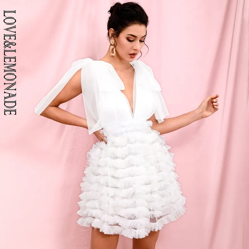 LOVE & LEMONADE Sexy White Mesh Deep V-neck Stacked Ruffled Puff Open Back Mini Party Dress LM82389 220507