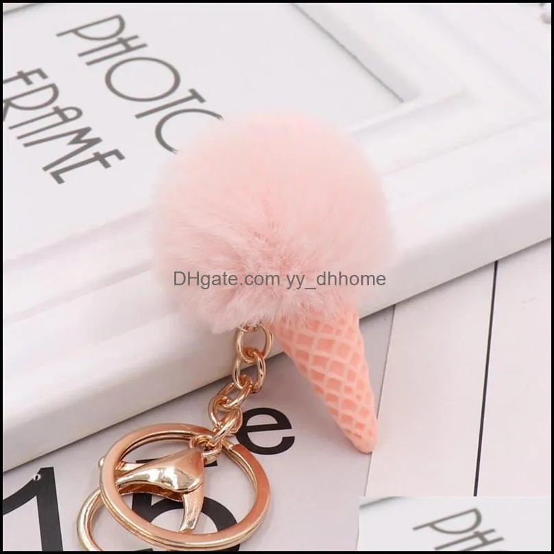 ice cream cone pompom key rings 5cm artificial faux rabbit fur keyfobs for handbag stylish puff ball keychains jewelry gifts