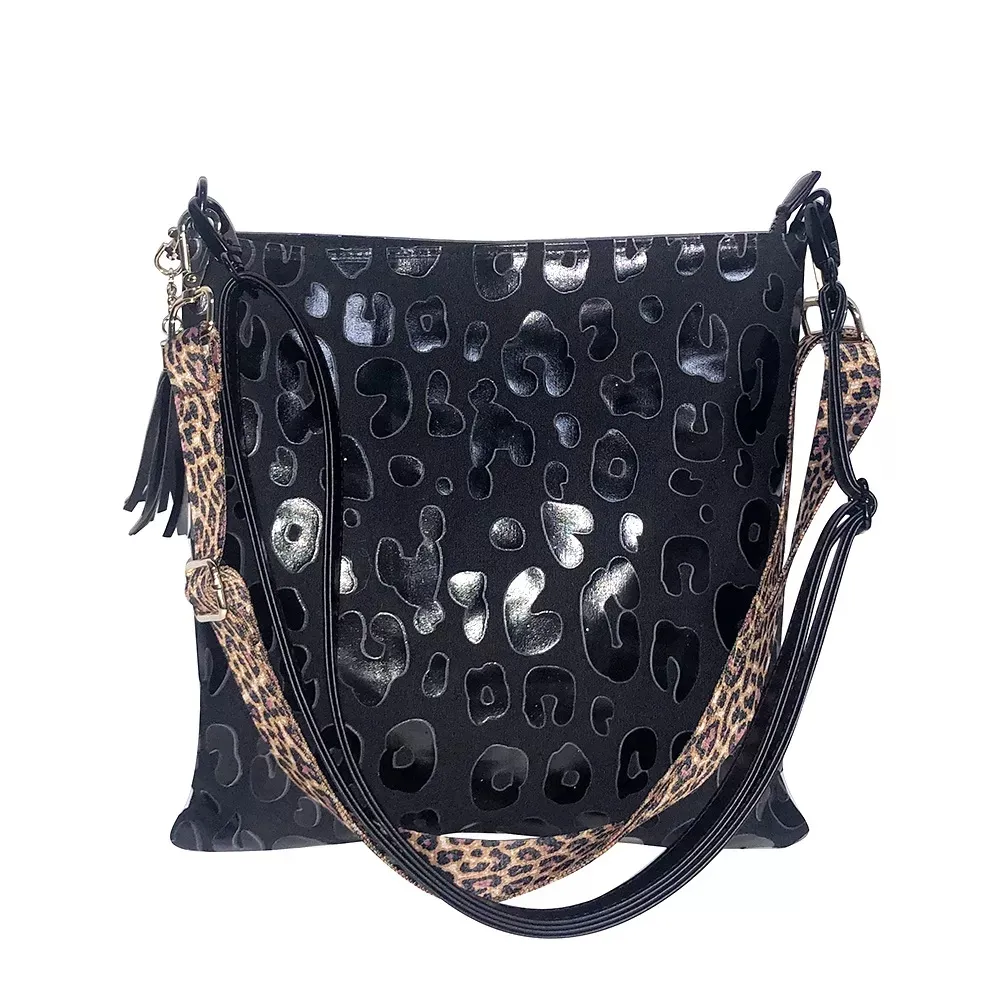 Black Leopard Messenger Bag Canvas Tassel Crossbody Bags with Two Straps Outdoor Women Purse Overnight Weekend Tote DOM1981