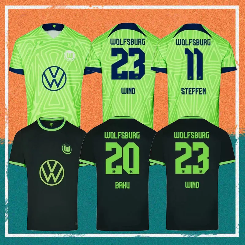 22/23 Wolfsburg Soccer Jersey 2022 홈 Ginczek Steffen Shirts Away Roussillon Mehmedi Mbabu Brooks Arnold Weghorst Football Uniform