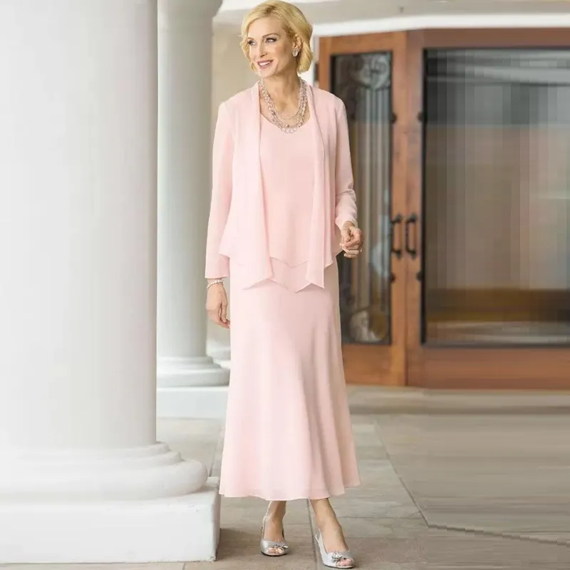 2022 vestiti da blush rosa madre della sposa tre pezzi abiti per ospiti in chiffon per abiti da sera più tagliati alla caviglia