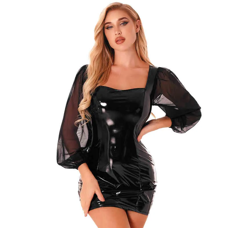 Womens Latex Clubwear Faux Leather Bodycon Mini Dress Puff Sleeve Wet Look Rave Come for Pole Dancing Zipper Back Mini Dress L220530