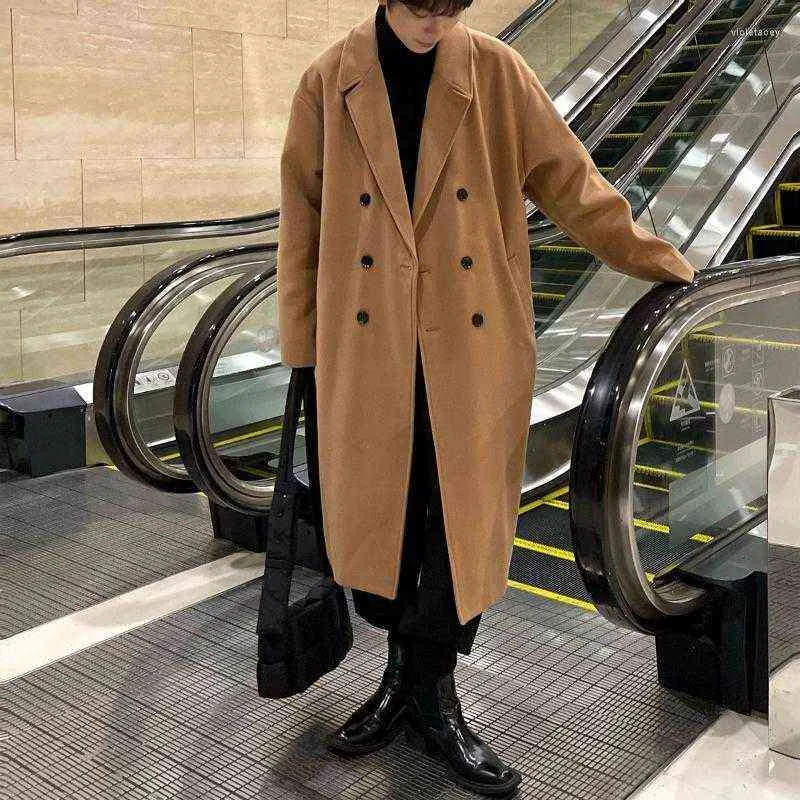 Men's Wool & Blends Winter Fashion Woolen Pea Coat Jaket Men Overcoat Korean Lapel Solid Color Windbreaker Thick British Style Viol22 T220810