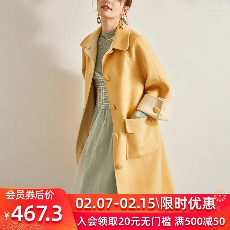 Laine mélangée femme Hepburn haut de gamme hiver 2022 mode moyen Long Double face laine manteau tissu zéro cachemire Bery22