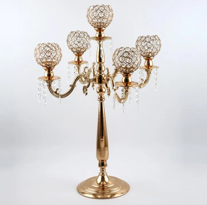 Party Decoration European Elegant Tall 5 Arms Wedding Gold Crystal Candelabra For Centerpiece SN6314