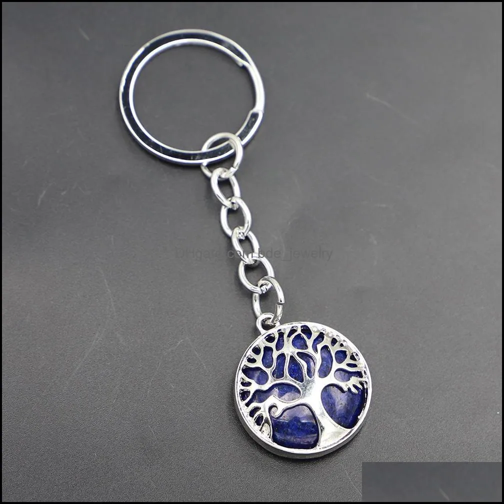 fashion tree of life key rings natural stone pendant keychain natural quartz stones pink crystal keychains accessories