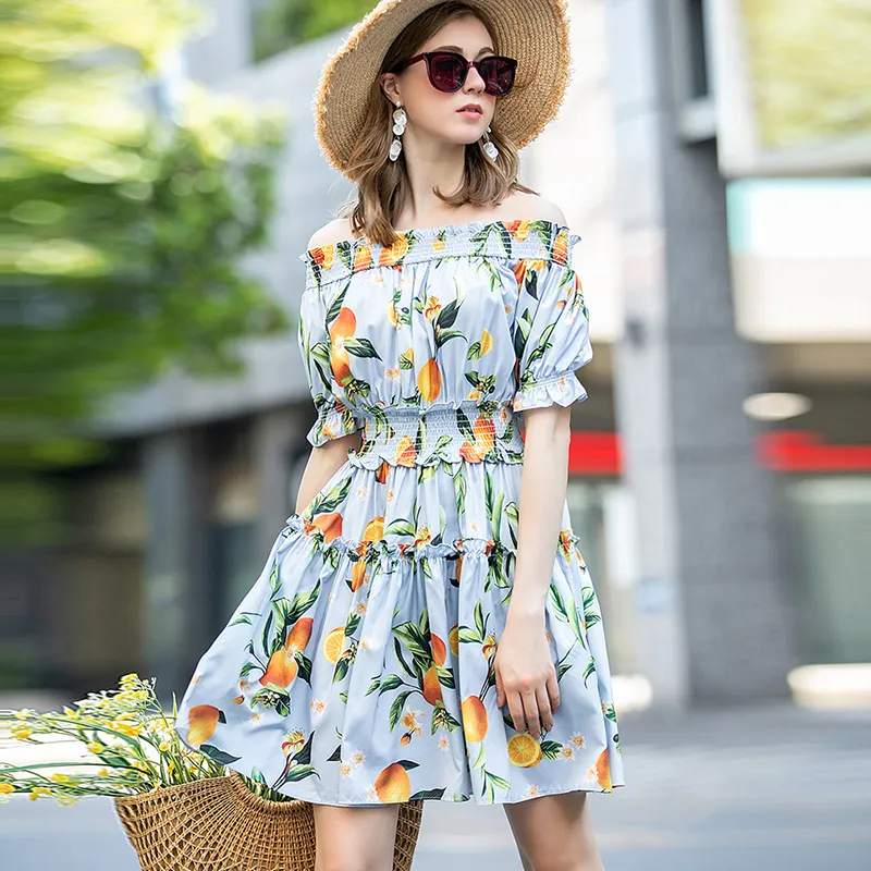 여자 활주로 드레스 슬래시 네크 라인 짧은 소매 인쇄 탄성 허리 고가 패션 여름 드레스
