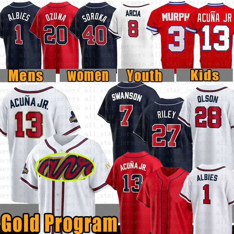 Anpassad 13 Ronald Acuna Jr. Baseball Jersey ﾠ Braves Dansby Swanson Matt Olson Ozzie Albies Austin Riley Travis d'Arnaud Hank Aaron Max Fried Marcell Ozuna Orlando Arcia