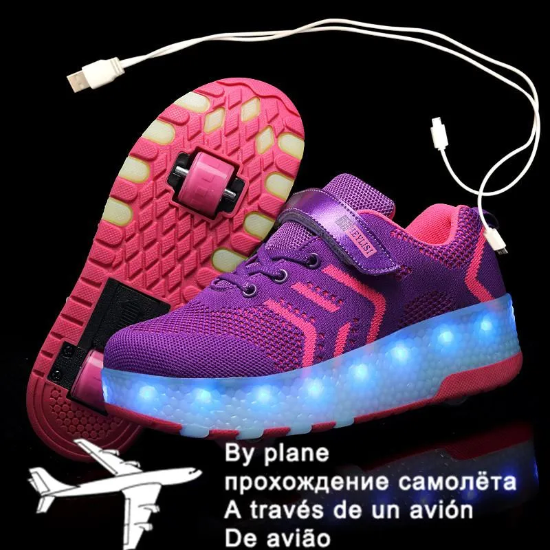 Athlétique En Plein Air Enfants Deux Roues Lumineux Glowing Sneakers Noir Rose Led Lumière Roller Skate Chaussures Enfants Garçons Filles USB ChargingAthleti