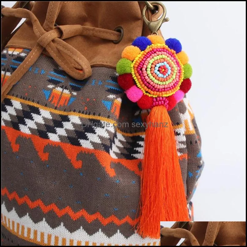 big pompom beaded tassel keychain boho long bag pendant charm keyring for women purse handbag decor y435z