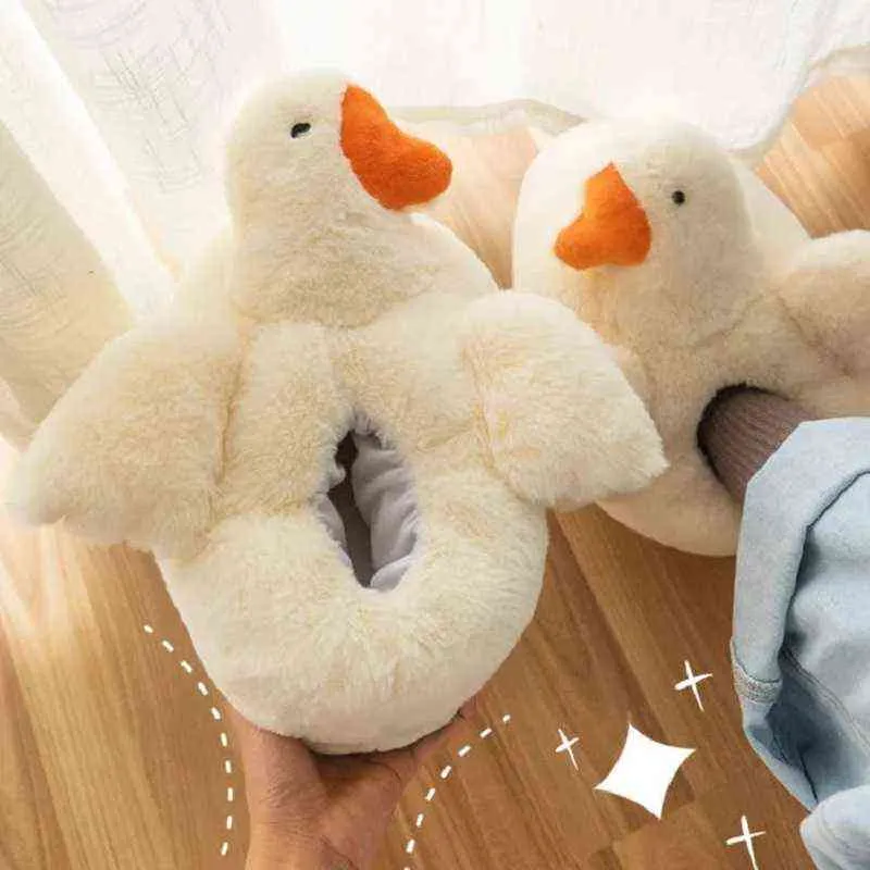 2022 Cute Goose Fluffy Fur Slippers Women Winter Warm Home Slippers Kawaii Animals Flat Slippers Girls Plush Indoor Slides Shoes G220730