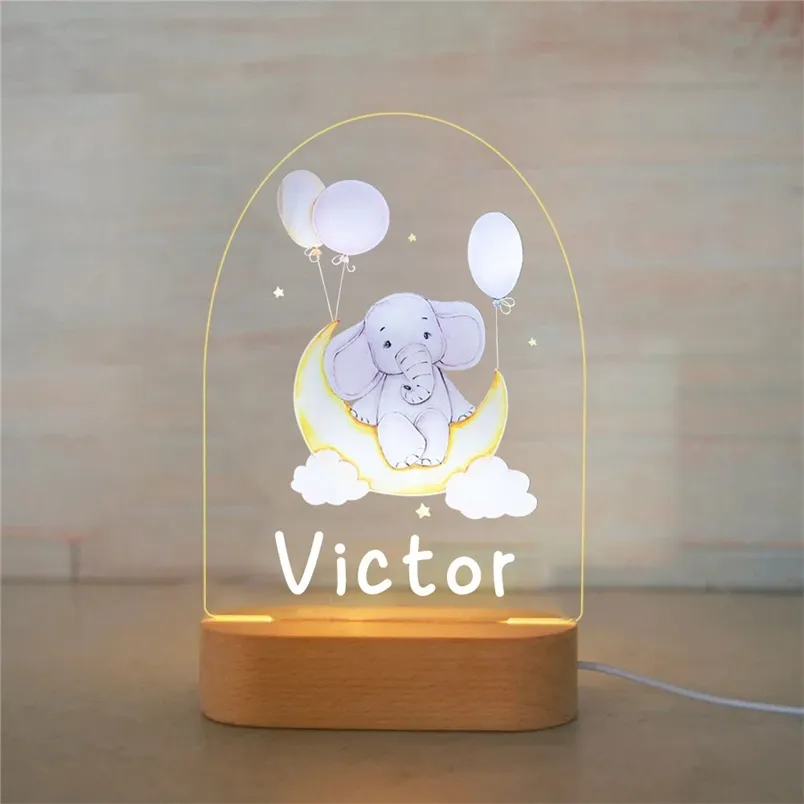 USB LED Moon Night Light With Bear Elephant Bunny Personalized Custom Name Lamp for Nursery Kids Baby Bedroom Light Decor 220623