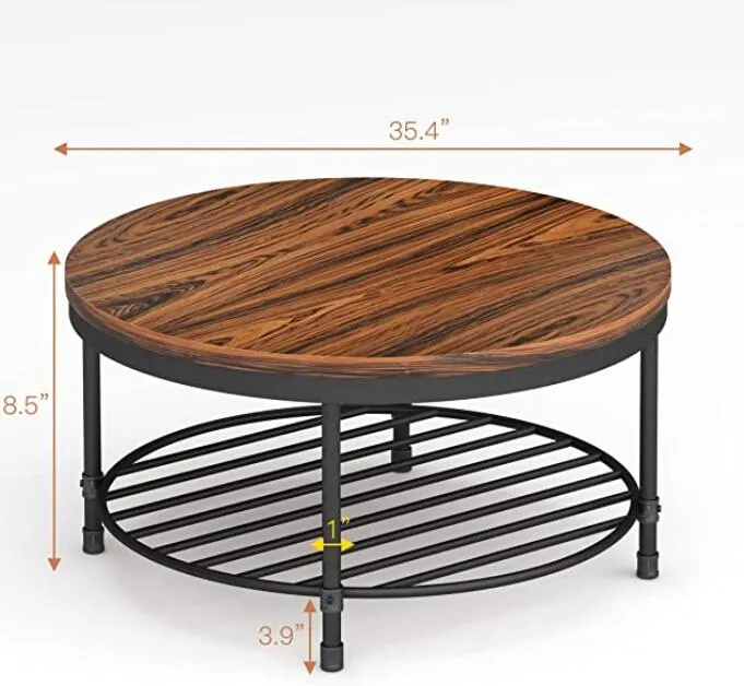 Mesa de centro redonda de 36 pulgadas, superficie superior de madera  rústica y patas de metal resistentes, mesa industrial para sala de estar,  diseño