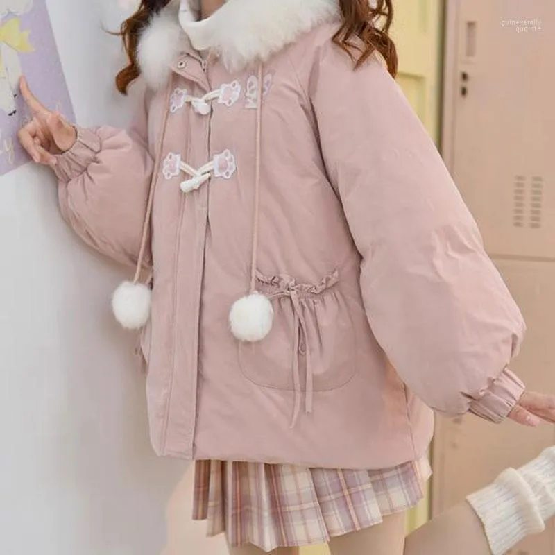 女性のダウンパーカス2022日本人女の子かわいいホーンボタン漫画女性太い学生コート甘いフード付きパーカーピンクファーカラーアウターウェアgu