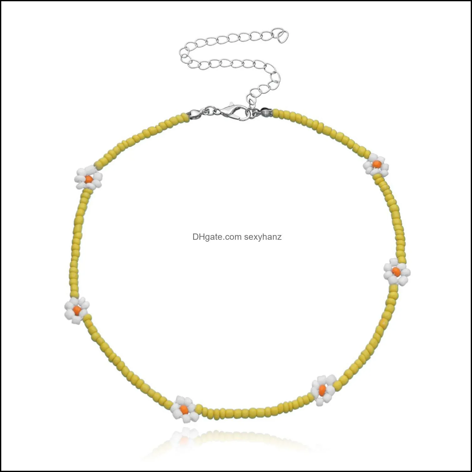 Korea Lovely Daisy Flowers Colorful Beaded Charm Statement Short Choker Necklace for Women Vacation Jewelry