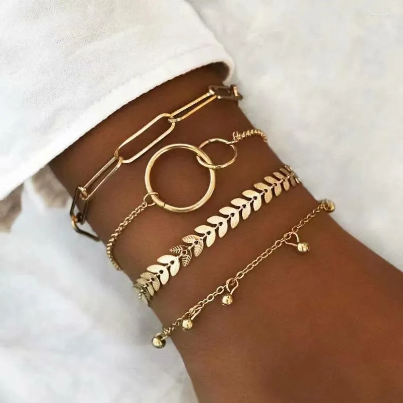 Beaded Strands 2022 Gold Punk Thick Chain Leaf Bead Geometry Set Bracelet For Women Multilevel Vintage Boho Fashion Jewelry Gift Wholesale F