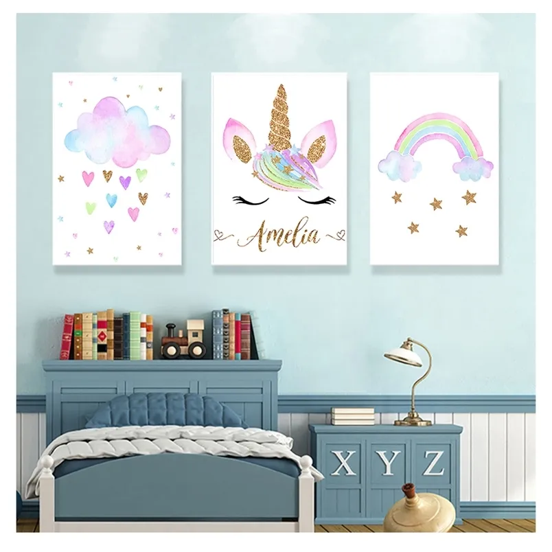 Wall Art Custom Name Poster Children Nursery Art Painting Nordic Picture Baby Room Decoration Cloud Rainbow Print Canvas 220623