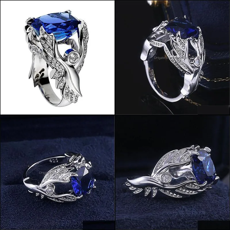 Fashion angel wings blue crystal sapphire gemstones diamonds rings for women men white gold silver color jewelry bague accessory