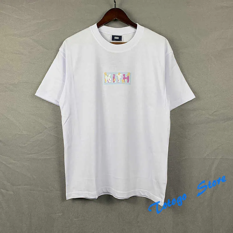 Klasik Kith Box T-Shirt Sıradan Erkek Kadın Yüksek Kaliteli Çiçek Baskı Kith Tee Siyah Beyaz Kayısı Kısa Kollu