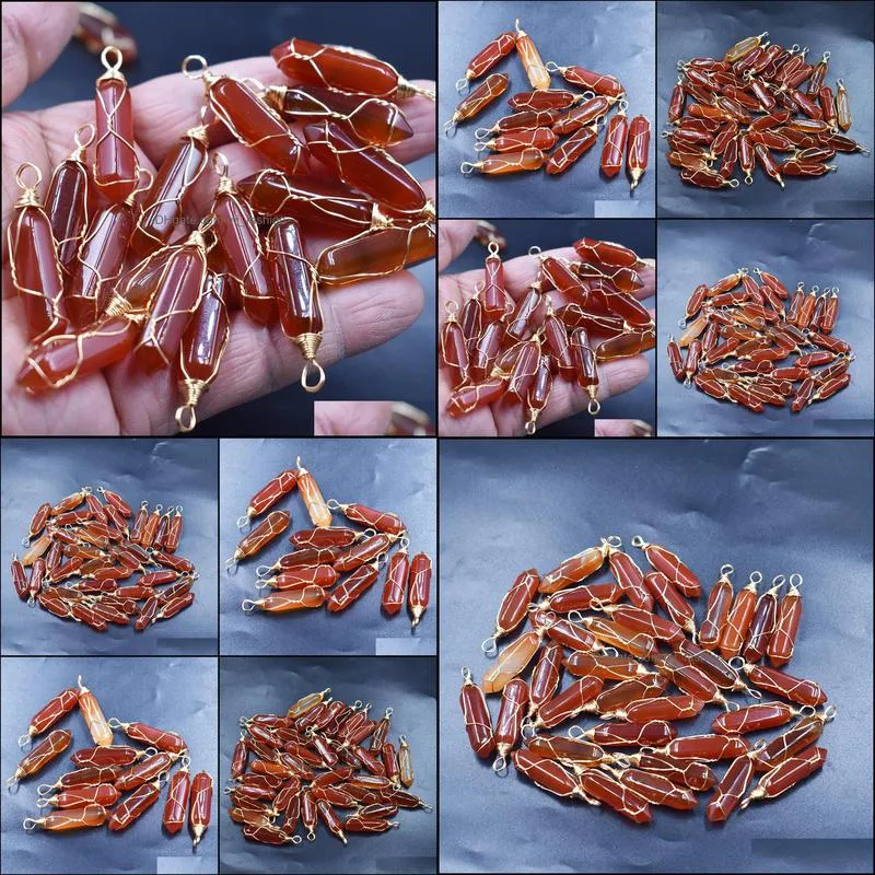 crystal glass red agate pillar shape charms stone point handmade iron wire pendants for necklace earrings jewelry makin mjfashion