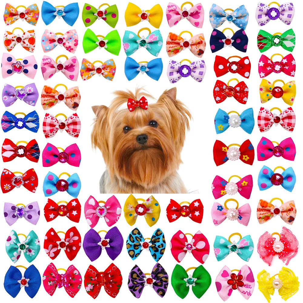 Pet Dog Apparel Rubber Band Mix 30 Color Dog Grooming Bows Cute Cat Dogs Hair Bow For Small Pets Accessories