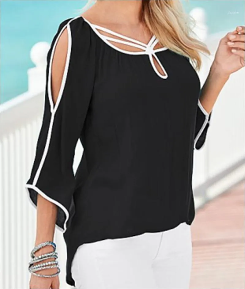 Wholesale-ファッションレディースルーズシフォントップ3/4スリーブシャツカジュアルブラウス女性夏服