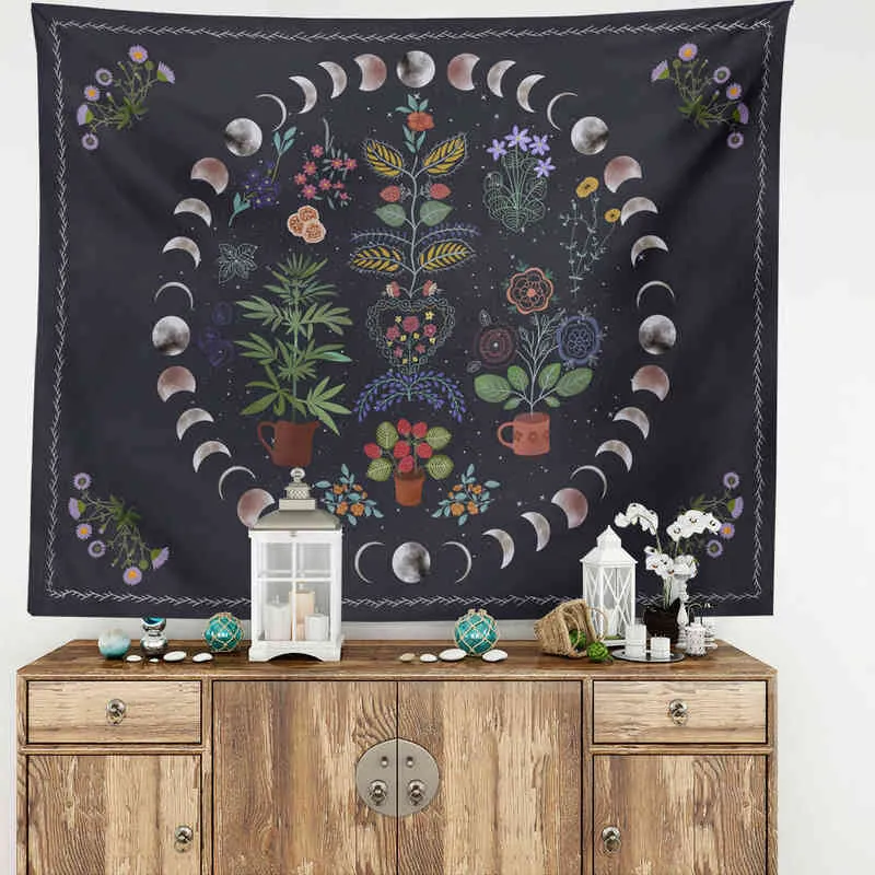 Phase de lune tapisserie noir tapis muraux Boho suspendus prophétie sorcellerie fleur chambre décor esthétique bohème J220804