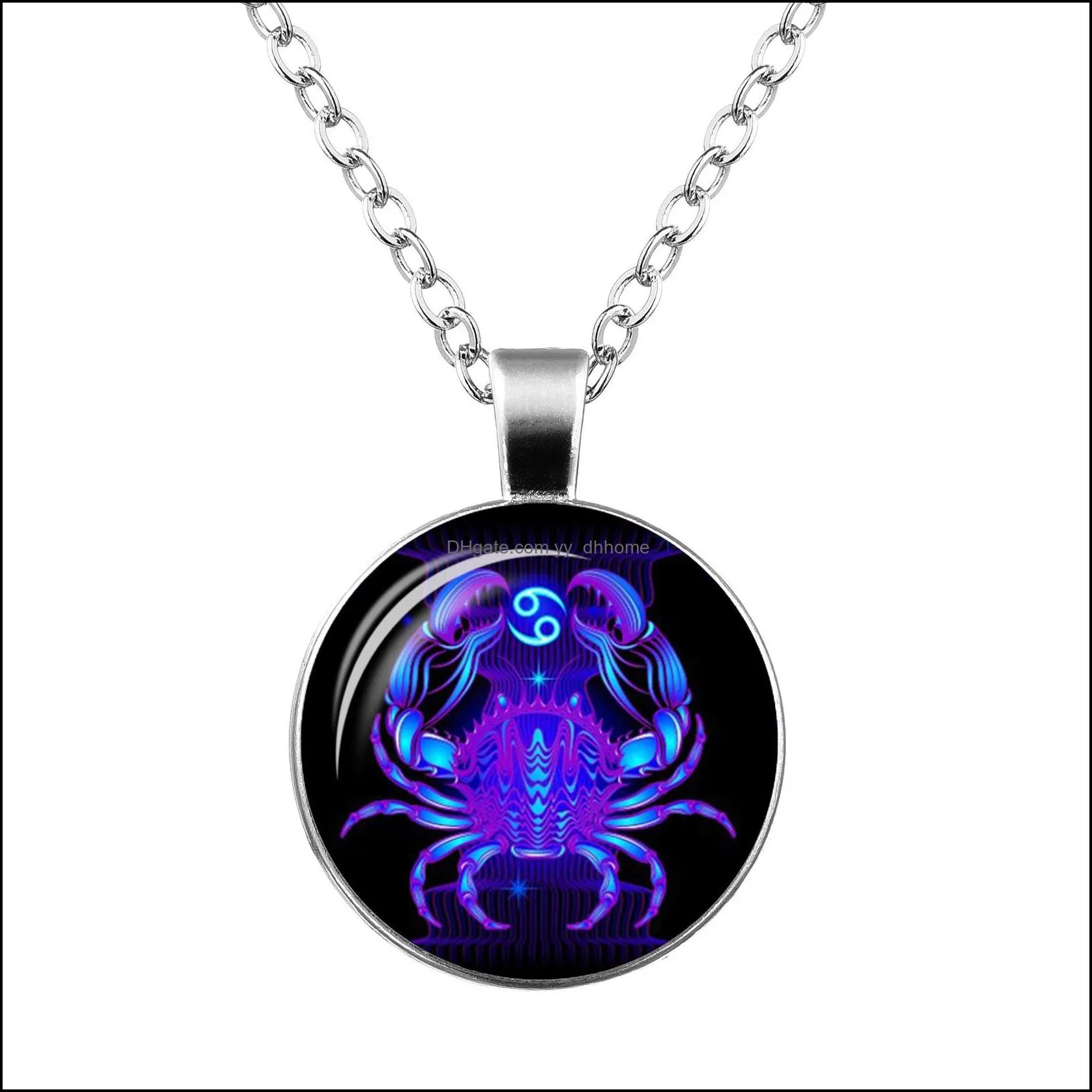 new fashion galaxy 12 constellation design zodiac sign horoscope astrology pendant necklace for women men glass cabochon