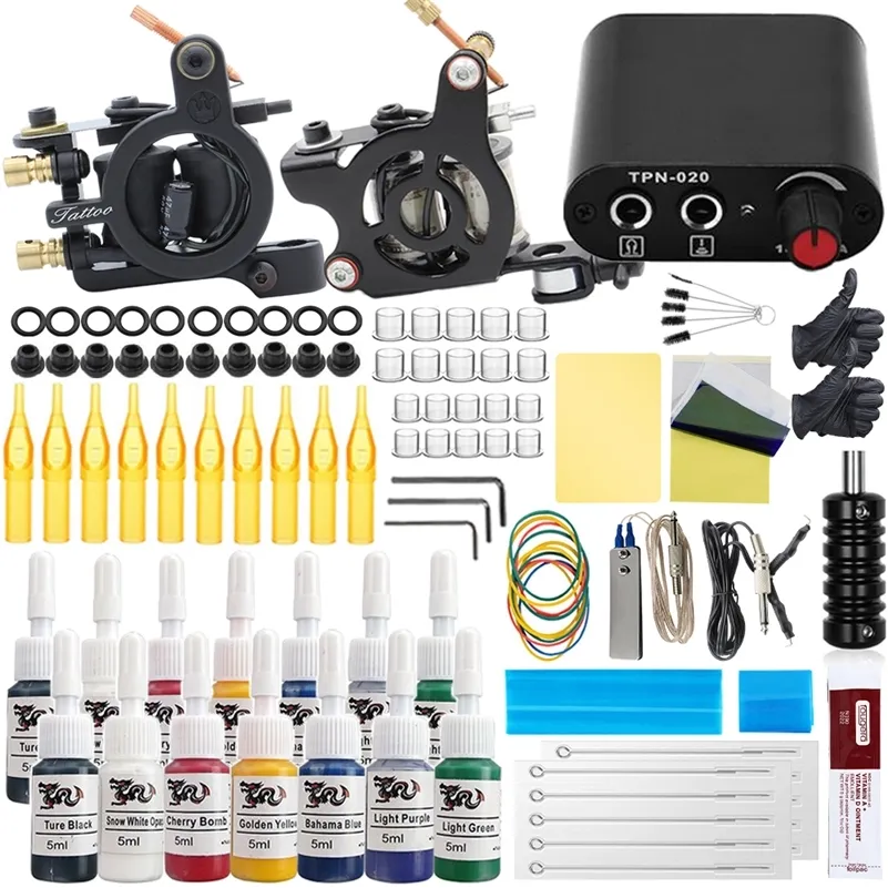 Tattoo Kits Coil Machine Set Complete Beginner Kit with Power Supply Foot Pedal Needles ink For 220624