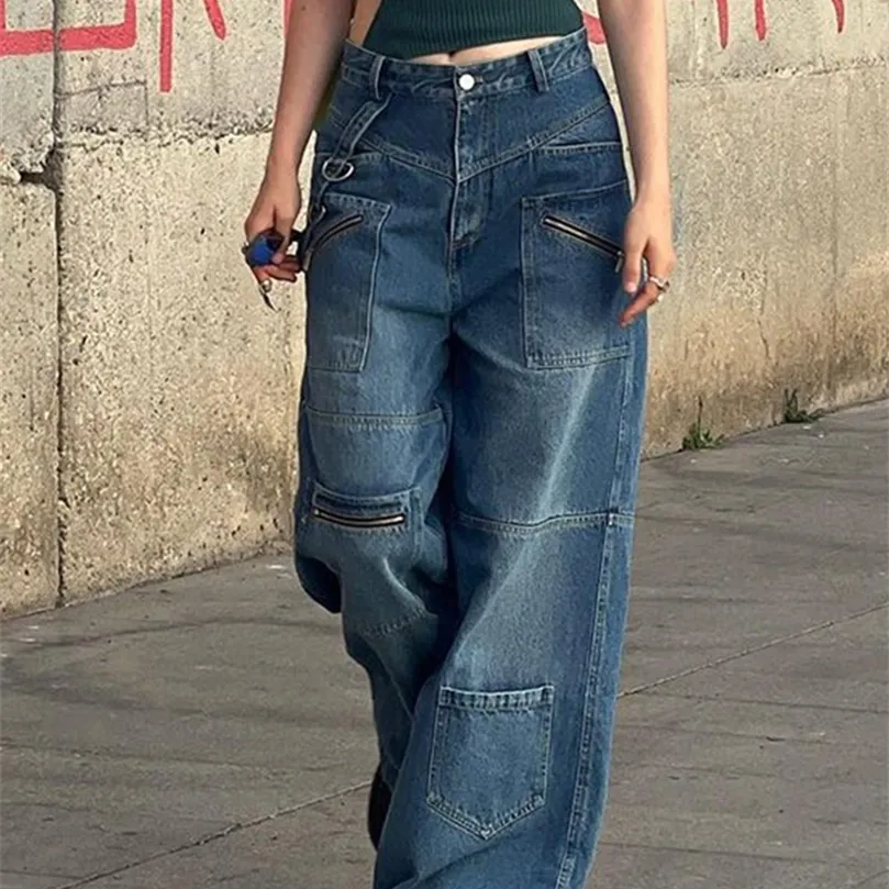 ウィーキープファッションヴィンテージ2000年代ストリートウェアジーンズ女性ローウエストボタンアップストレートパンツ韓国レトロバギー90年代デニムカーゴパンツ220815