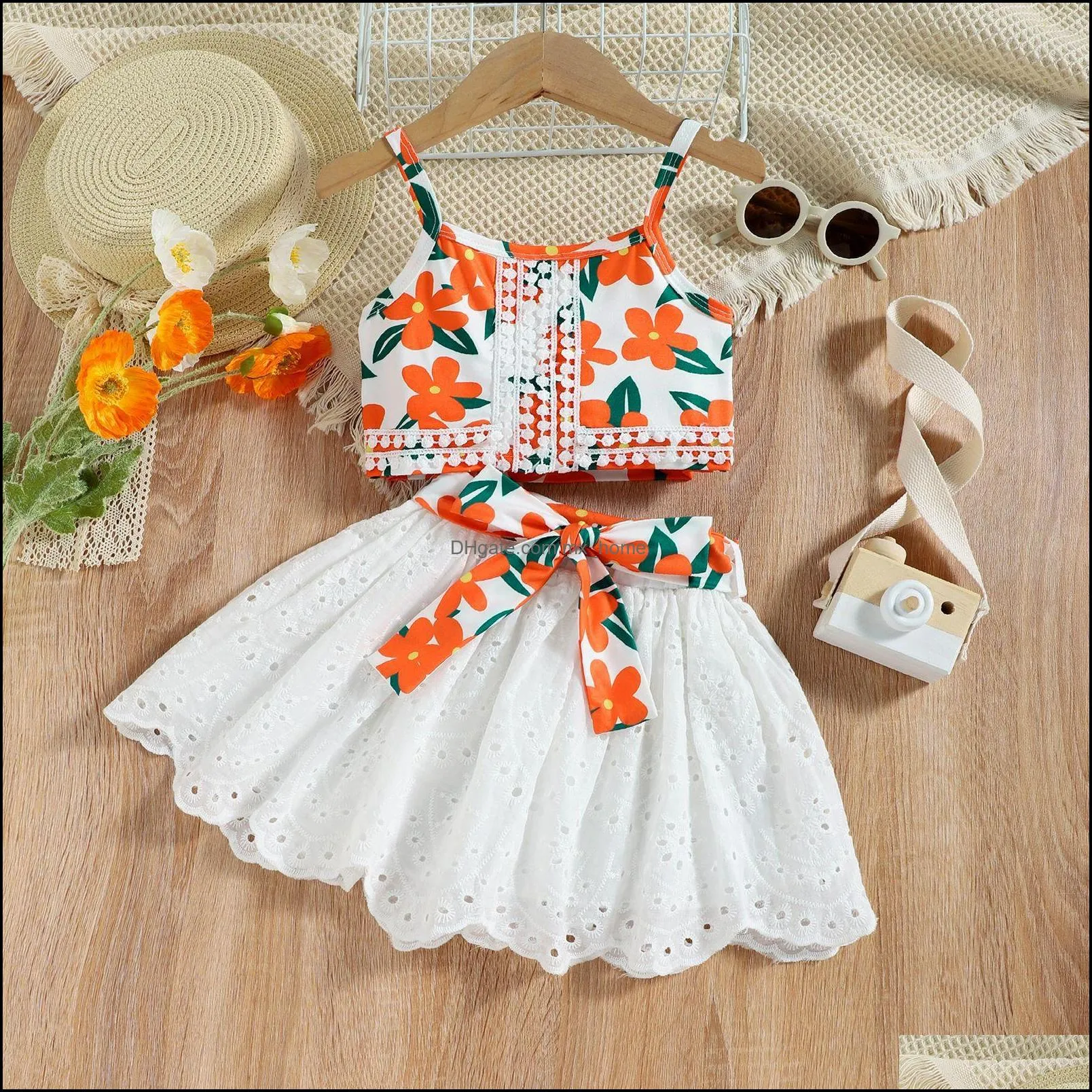 kids clothing sets girls flower outfits children lace suspenders floral print tops skirts 2pcs/set summer fashion baby clothes z6553