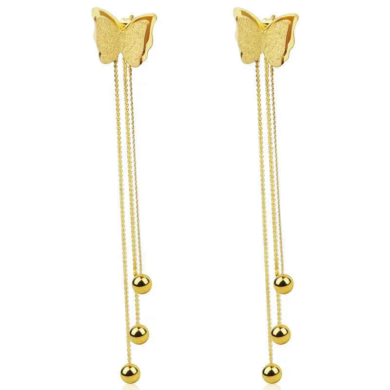 Dingle ljuskrona mode rosguld frostad fjäril öronproppar hängande tre stålkulstassar örhängen för kvinnor smycken grossistedangle