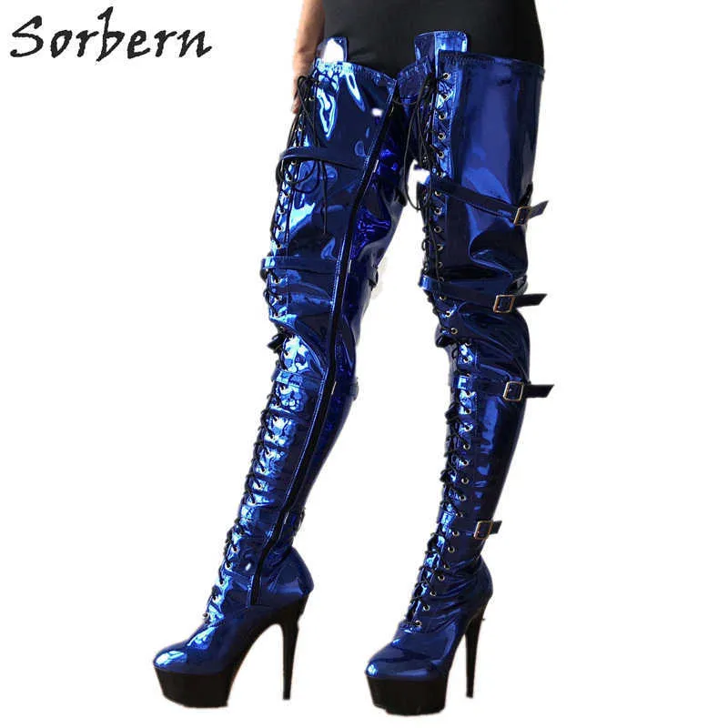 Sorbern Sexy Fetischstiefel mit hohem Absatz, 15 cm, Plateau, Oberschenkelhohe Stiefel, Burlesque-Absatz, 80 cm Schritt, Cosplay, Goth, Punk, Blau-Metallic