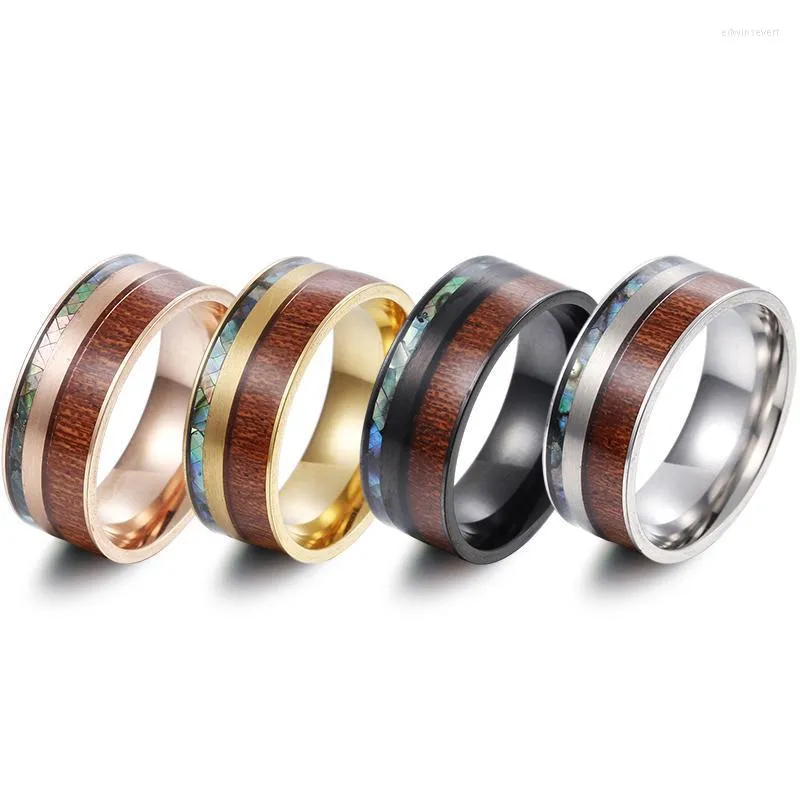 Eheringe 8mm Männer Abalone Shell Holz Inlay Edelstahl Frauen Ring Jahrestag Schmuck Edwi22