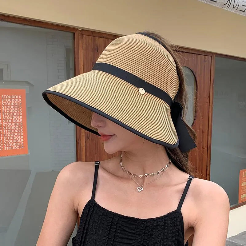 Wide Brim Hats &Dolphin Women Handmade Summer Sun Hat Big Black Bow Large Eaves Beach Straw Nature Cap Temperament Flat CollapsibleWide