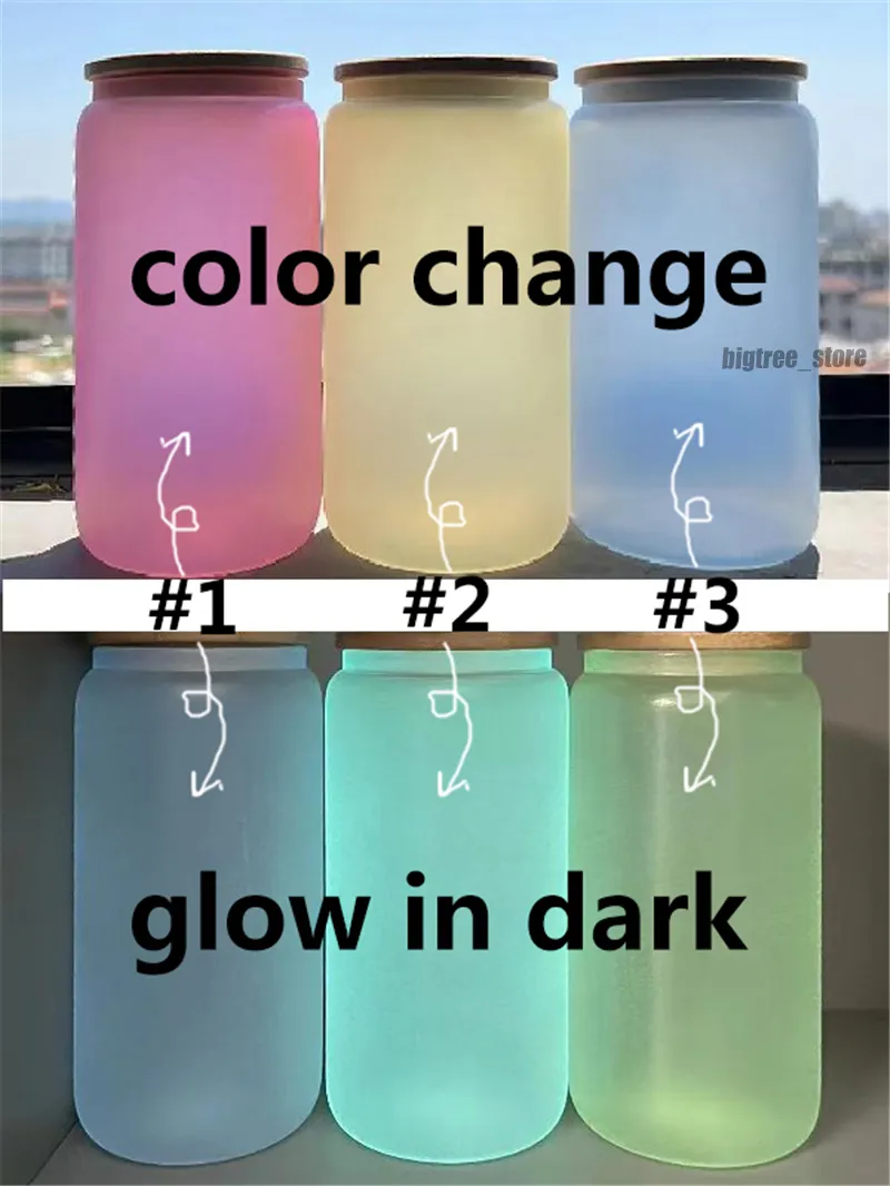 Dwie funkcje 16 uncji Glow i UV Zmiana koloru Sublimacja Szklane piwo 2 w 1 Glow In Dark Glow Ciemne Kubki Piwa kubki do picia z bambusową pokrywką szybko