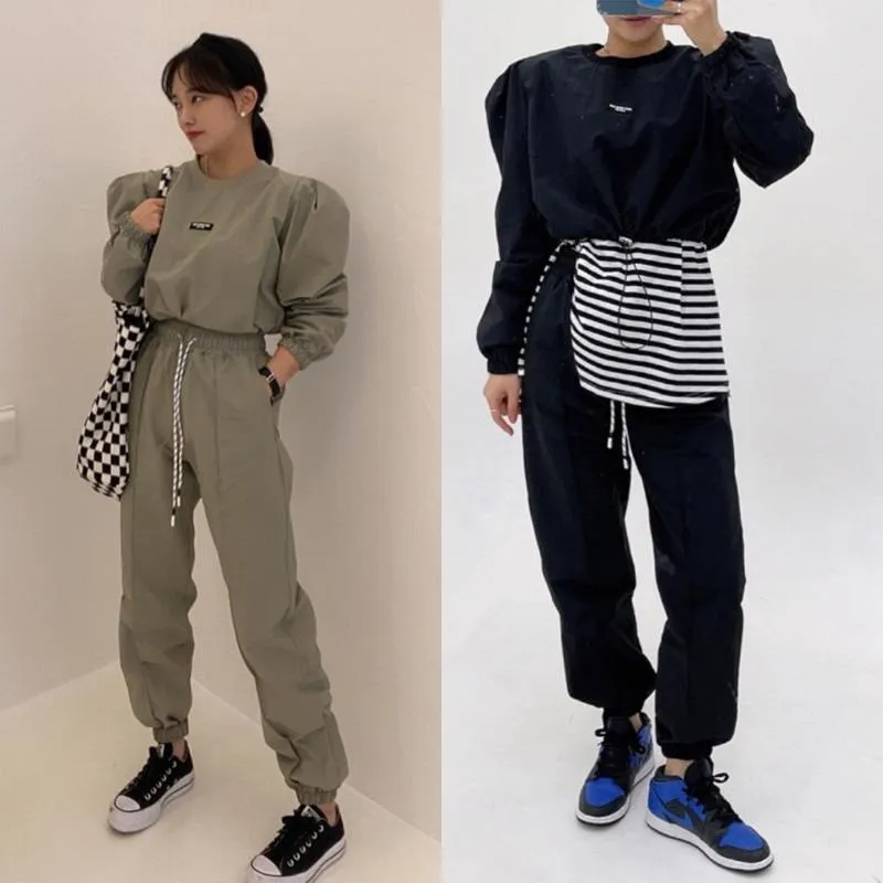 Kadın Pantolon Capris 2022 Güney Kore Dongdaemun Net Kırmızı Bahar Gevşek Yuvarlak Yaka Etiketli Hoodie Sıradan İki Parçalı Takım Kadınlar