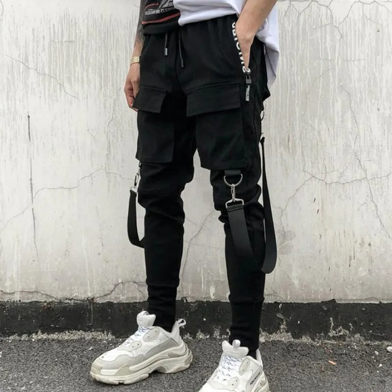 Men's Pants Side Pockets Pencil Men Hip Hop Patchwork Ripped Sweatpants Streetwear Casual Slim Jogger Trousers Ribbons Harem