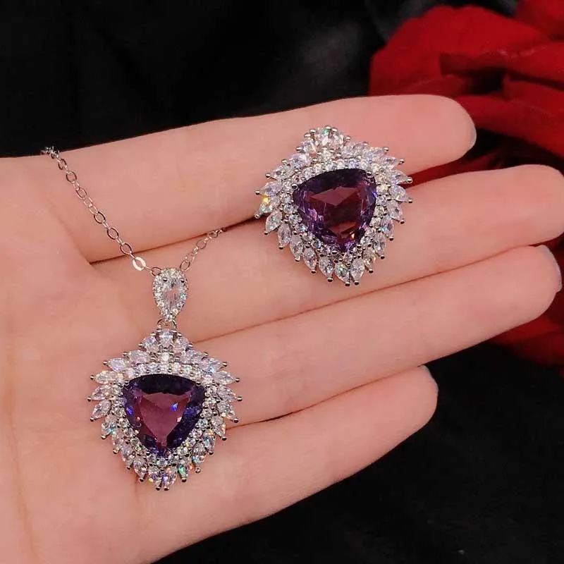 Boucles d'oreilles collier femmes mode pendentif avec violet Triangle cubique zircone géométrique tempérament anneau pour femmes ensemble de bijoux de mariage