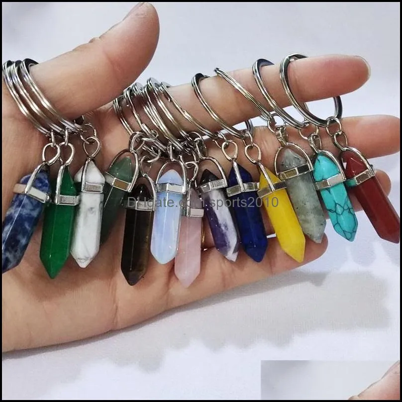 natural stone hexagonal prism key rings silver color healing pink crystal car decor keyholder keychains for women me sports2010