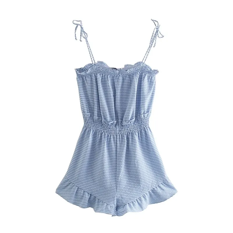 Sweet Women Square Collar Bow Lace Jumpsuit Summer Fashion Ladies High Street Female Blue Plaid 210515