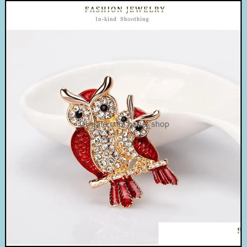 Red Owl Brooch Animal Women Men Clothes Collar Jewelry Enamel Rhinestone Couple Brooches Pins